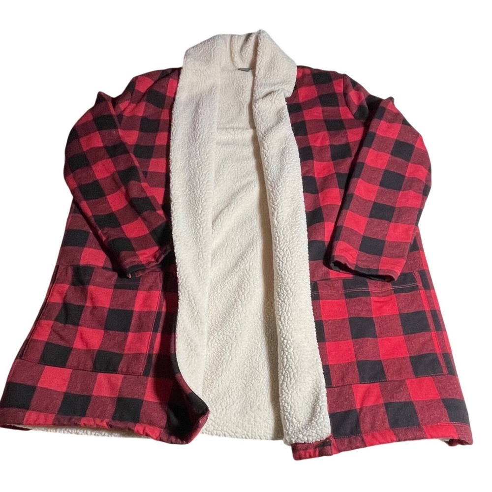 Eddie Bauer Plaid Sherpa Lined Robe Coat Womens XL Red Black Buffalo Check‎